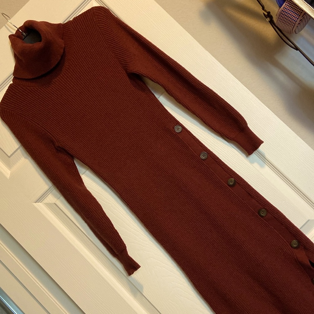 Turtleneck Long Sweater Dress in Burgundy/Brown. Pretty and Classic
